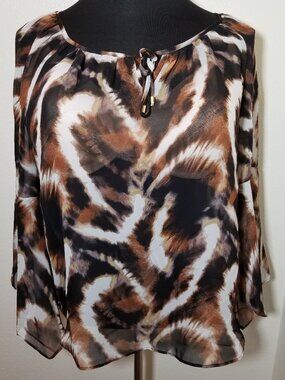 AB Studio Womens XL Brown Long Bell Sleeves Semi Sheer Top Hippie Boho Peasant